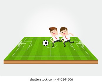 teamwork of businessman playing soccer on green field