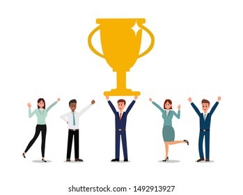 Teamwork businessman stand on the podium first, best score winner prize. vector illustration.