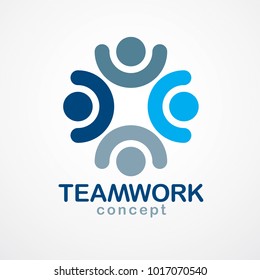 Teamwork businessman unity and cooperation concept created with simple geometric elements as a people crew. Vector icon or logo. Friendship dream team, united crew blue design.