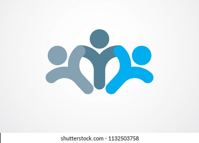 Teamwork businessman unity and cooperation concept created with simple geometric elements as a people crew. Vector icon or logo. Friendship dream team, united crew blue design.