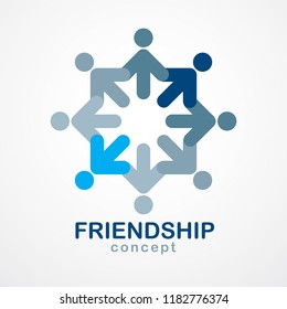 Teamwork businessman unity and cooperation concept created with simple geometric elements as a people crew. Vector icon or logo. Friendship dream team, united crew blue design.