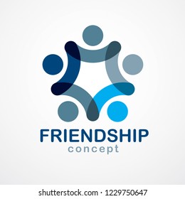 Teamwork businessman unity and cooperation concept created with simple geometric elements as a people crew. Vector icon or logo. Friendship dream team, united crew blue design.