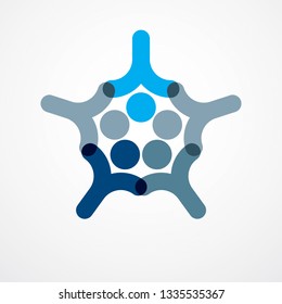 Teamwork businessman unity and cooperation concept created with simple geometric elements as a people crew. Vector icon or logo. Friendship dream team, united crew blue design.