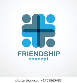 Teamwork businessman unity and cooperation concept created with simple geometric elements as a people crew. Vector icon or logo. Friendship dream team, united crew blue design.