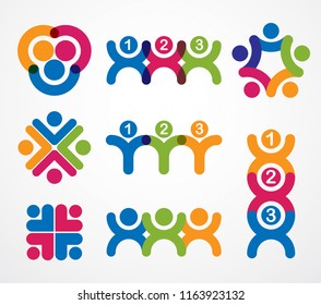 Teamwork businessman unity and cooperation concepts created with simple geometric elements as a people crews. Vector icons or logos set. Friendship dream team, united crew colorful designs.