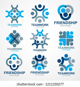 Teamwork businessman unity and cooperation concepts created with simple geometric elements as a people crews. Vector icons or logos set. Friendship dream team, united crew blue designs.