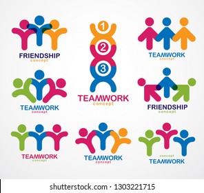 Teamwork businessman unity and cooperation concepts created with simple geometric elements as a people crews. Vector icons or logos set. Friendship dream team, united crew colorful designs.