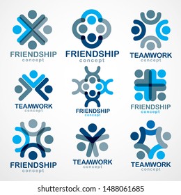 Teamwork businessman unity and cooperation concepts created with simple geometric elements as a people crews. Vector icons or logos set. Friendship dream team, united crew blue designs.