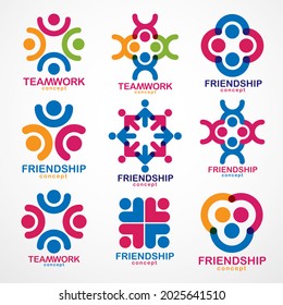 Los conceptos de unidad y cooperación de los hombres de negocios de trabajo en equipo se crean con elementos geométricos simples como equipos de personas. Iconos vectoriales o logotipos establecidos. Equipo de ensueño de amistad, diseños coloridos de equipo unido.