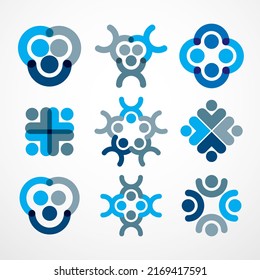 Teamwork businessman unity and cooperation concepts created with simple geometric elements as a people crews. Vector icons or logos set. Friendship dream team, united crew blue designs.