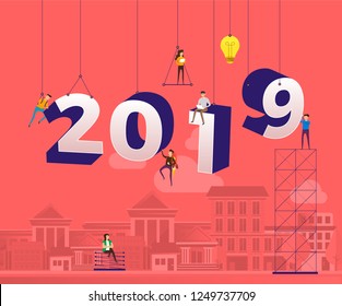 teamwork businessman  working together building typographic number 2019 for happy new year design template. Greeting card illustrations. Vector illustrate.