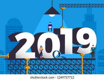 teamwork businessman  working together building typographic number 2019 for happy new year design template. Greeting card illustrations. Vector illustrate.