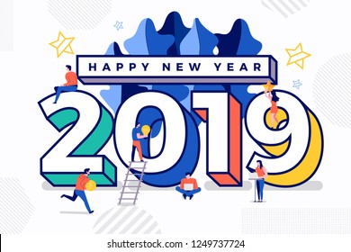 teamwork businessman  working together building typographic number 2019 for happy new year design template. Greeting card illustrations. Vector illustrate.