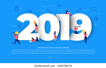 teamwork businessman  working together building typographic number 2019 for happy new year design template. Greeting card illustrations. Vector illustrate.