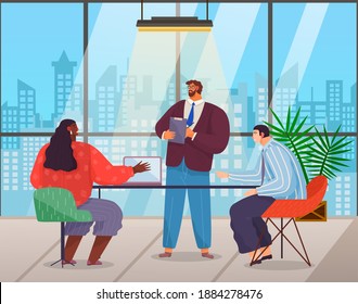 Teamwork businessmeeting, workers men and black african woman near table and talking, colleagues discussing work moments, people working near window, partners, project managers, businesspeople