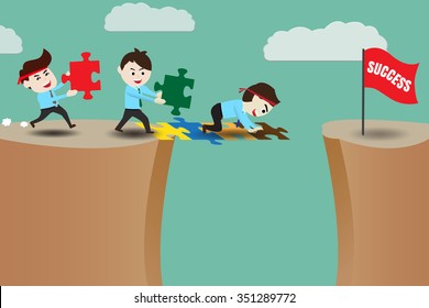 Teamwork, businessmen assembling pieces of a puzzle bridge
