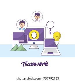 teamwork businessmen with computer information and bulb idea