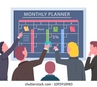 Teamwork of businessmen at the planning board. Vector flat illustration of office people working on a project.