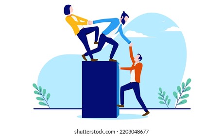 Teamwork - Businesspeople in casual clothes help and support each other to get on top of pole. Supporting business team concept, flat design vector illustration with white background