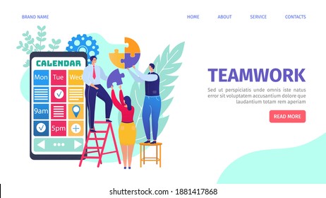 Teamwork calendar, flat time schedule design vector illustration. People manager character at business office, work organization concept. Smartphone with planner, website and landing banner.