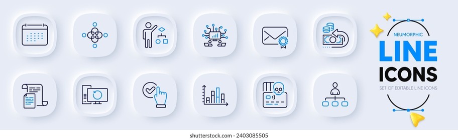 Iconos de línea de correo de trabajo en equipo, calendario y verificación para la aplicación web. Paquete de gráficos de diagrama, ataque cibernético, iconos de pictograma de caja de verificación. Documentos, equipo de recuperación, signos de administración. Devolución de efectivo. Vector