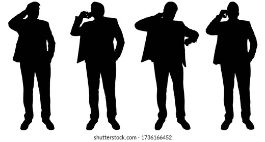 Teamwork. Call center. Businessman in a suit with a phone in his hands. Talking man. A young guy stands still and talking on the phone. Four male black silhouettes isolated on a white background.