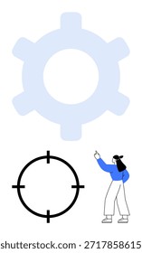 Trabajo en equipo, productividad profesional, enfoque, establecimiento de objetivos, estrategia empresarial, planificación técnica. Engranaje Grande, símbolo de objetivo debajo de la figura femenina que apunta hacia arriba. Concepto de trabajo en equipo y productividad profesional