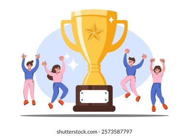 Teamwork celebrates their success joyfully around a large golden trophy symbolizing victory and achievement in a competition or event.