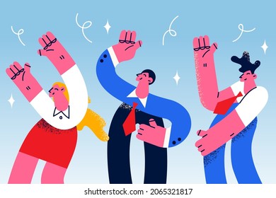 Teamwork celebrating success together concept. Group of young smiling people coworkers cartoon characters standing dancing celebrating successful deal or project vector illustration 