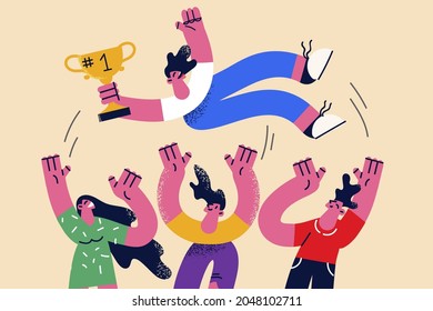 Teamwork, celebration, winning in business concept. Group of young happy people teammates workers celebrating business success leader winning together vector illustration 