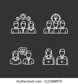 Teamwork chalk icons set. Collective solving problem, team brainstorming, coworking, job interview, generating idea. Isolated vector chalkboard illustrations