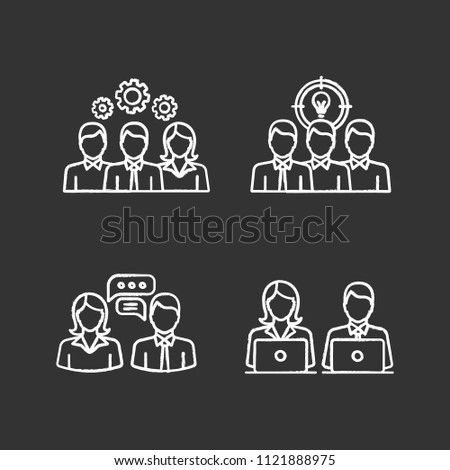 Teamwork chalk icons set. Collective solving problem, team brainstorming, coworking, job interview, generating idea. Isolated vector chalkboard illustrations