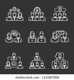 Teamwork chalk icons set. Partnership. Staff management. Personnel interaction. Collective problem solving. Isolated vector chalkboard illustrations