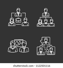 Teamwork chalk icons set. Partnership, professional hierarchy, business strategy, personnel interaction. Isolated vector chalkboard illustrations