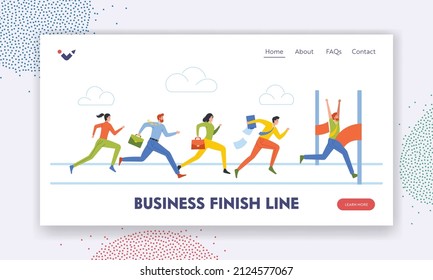 Teamwork, Challenge Landing Page Template. Die Charaktere der Geschäftsleute laufen, nach dem Geschäftsmann, der die finnische Linie überquert, Führung, Kollegen Chase Erfolgreicher Führer. Cartoon-Flache Vektorgrafik