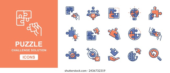 teamwork challenge puzzle solution icon set business partnership objective problem solving jigsaw match piece vector illustration