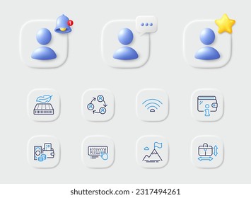 Teamwork, Change money and Mountain flag line icons. Placeholder with 3d star, reminder bell, chat. Pack of Computer keyboard, Wallet, Lightweight mattress icon. Handbag size, Wifi pictogram. Vector