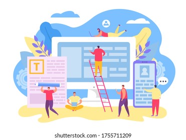 Teamwork character for contect management, vector illustration. Seo team design application, write text on large cartoon screen. Internet site development, digital interface project.