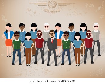 Teamwork character design on old paper background,grunge vector