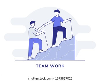 teamwork character men help a friend climb the hill with outline style