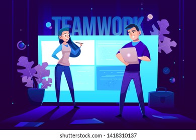 Teamwork characters in front of large glowing screen for presentations on wall. Young man with tablet and woman with pen presenting new project, office workers, employees. Cartoon vector illustration