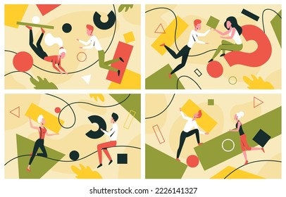 Teamwork of characters with geometric shapes set vector illustration. Cartoon corporate colleague organize silhouettes of figures together, team of partners and teammates building partnership