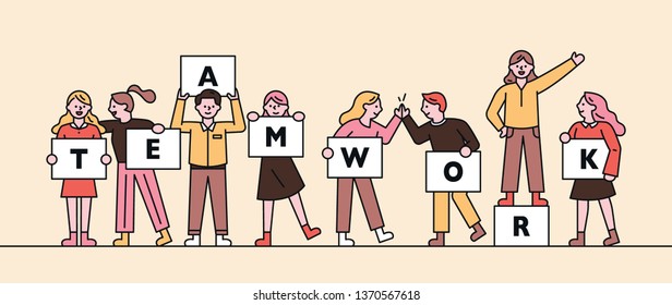 Teamwork characters standing in line holding text board. flat design style minimal vector illustration