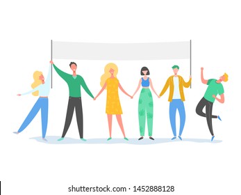 Teamwork characters standing in line holding text board. Smiling people illustration. Friendship, leadership, business team, social diversity concept in vector