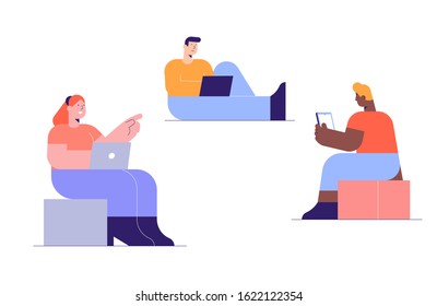 Teamwork with characters. Vector colorful illustration of communication via the Internet, social networking, chat, video, news, messages, web site, search friends, mobile web graphics