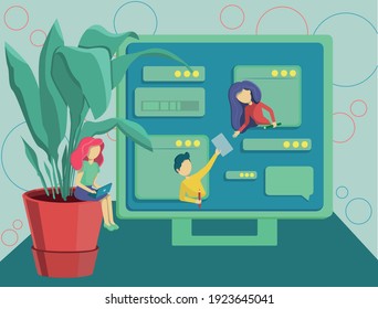 teamwork. The characters work remotely. Freelancers on the desktop. Online work and online training. Vector illustration