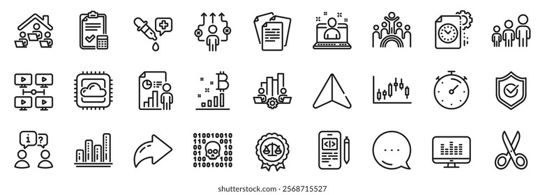 Teamwork chart, Cut and Business report line icons pack. Share, Message, Paper plane icons. Bitcoin graph, Project deadline, Timer web icon. Vector