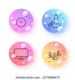 Teamwork chart, Time and Music making minimal line icons. 3d spheres or balls buttons. Innovation icons. For web, application, printing. Networking, Clock, Dj app. Crowdfunding. Vector