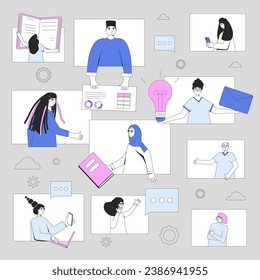 Teamwork. Chat and online communication between managers and their teams. Distant remote office. People talking to each other on the Internet and doing a project together. Vector illustration.