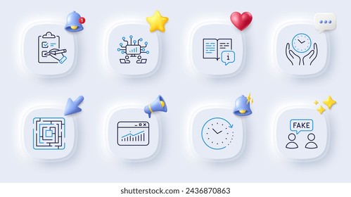 Iconos de línea de información de trabajo en equipo, lista de verificación y falsificación. Botones con campana 3d, voz de chat, cursor. Paquete de estadísticas del sitio web, cambio de hora, icono de manual. Laberinto, pictograma de tiempo seguro. Vector